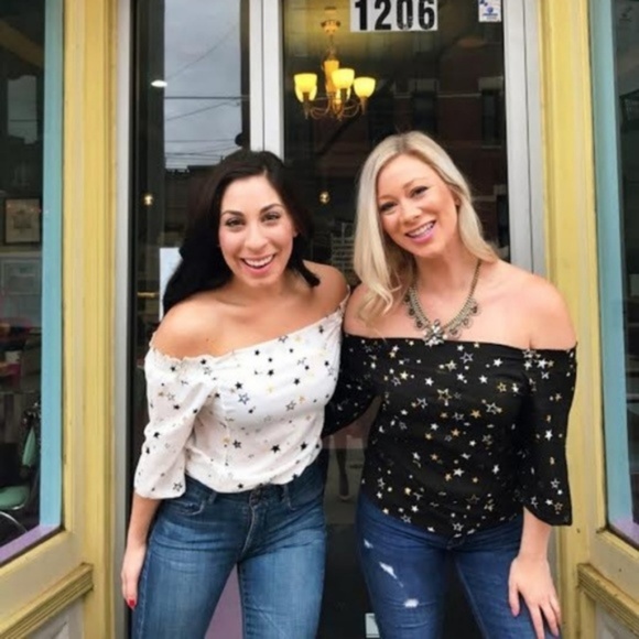 Gold Metallic Star Print Black Off Shoulder Top - Picture 3 of 8